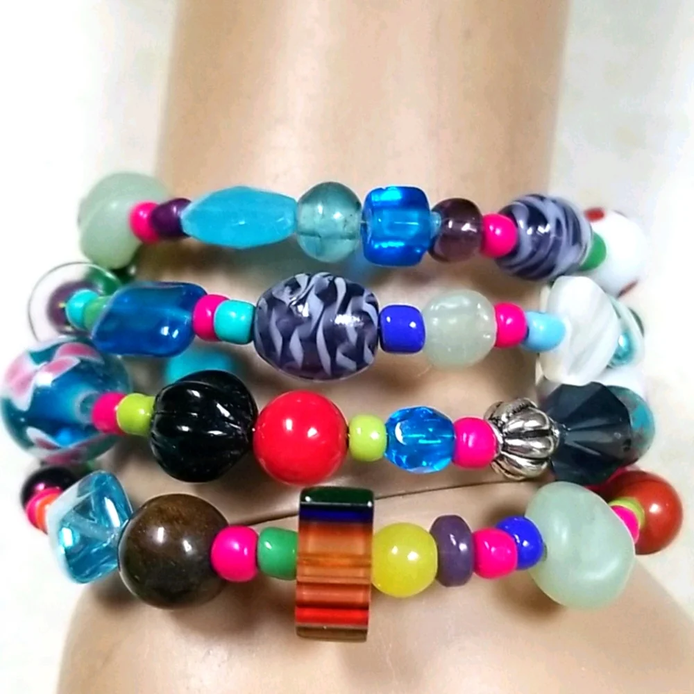 Hand Crafted Vintage Glass and Turquoise and Semi-precious Bead Wrap Bracelet - Picture 14 of 16